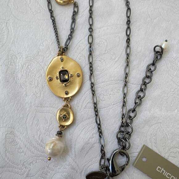 Chicos Blue Silver Gold Tone 18.5" Long Reversible Chain Statement Necklace NEW - Picture 9 of 14